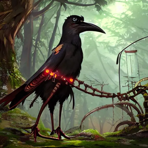 Prompt: concept art painting of an anthropomorphic crow with steampunk clothes, in the deep forest, realistic, detailed, cel shaded, in the style of makoto shinkai and greg rutkowski and james gurney