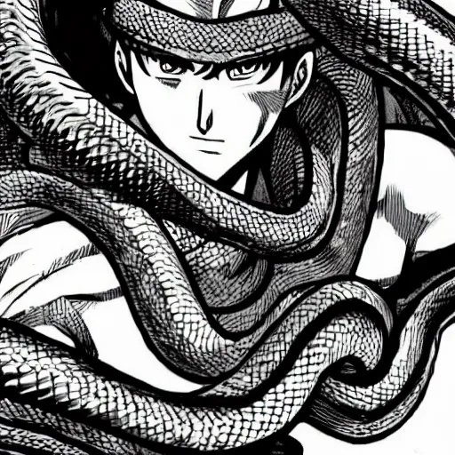 Image similar to a male anime character, half snake half human, serpent body, naga, kentaro miura art style