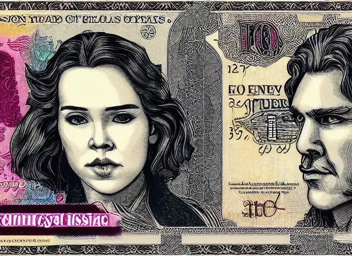 Prompt: reylo kissing dollar bill design