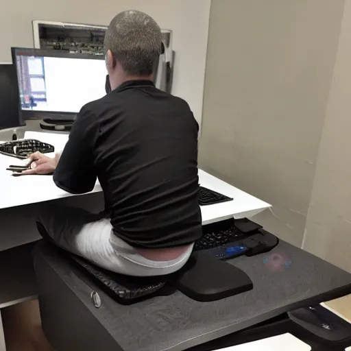 Prompt: a slav squatting on top of a computer monitor