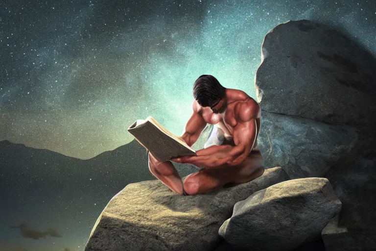 Prompt: a muscular man sits on a giant rock, reading a book while perched atop a mountain top, digital art, 3 d modeling, light painting, night scene, surrealism, illustration, digital illustration, painted