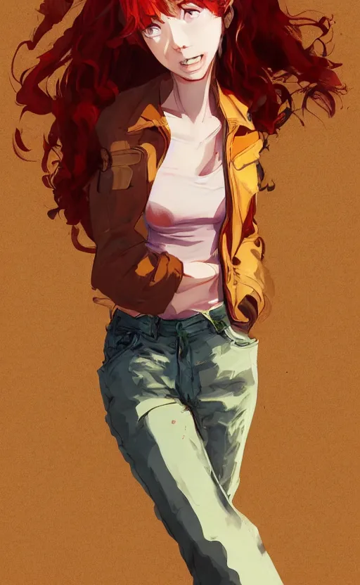 Prompt: full-body shot of an attractive tomboy girl with long, crimson red hair and red eyes, wearing a brown, open jacket and green jeans with a stern look, midriff, concept art, character design, by WLOP, Ross Draws, by Tomine, by Satoshi Kon, by Rolf Armstrong