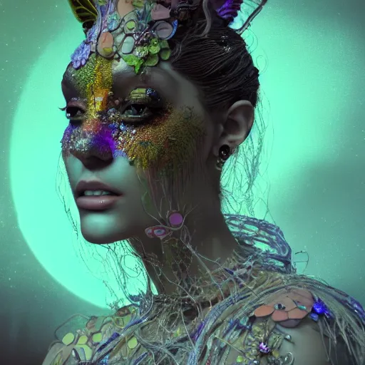 Image similar to Portrait of salvia trip faerie goddess Ariana Grande. Claymation. intricate abstract. intricate artwork. nightmare fuel. by Dave McKean. octane render, trending on artstation, greg rutkowski very coherent symmetrical artwork. cinematic, hyper realism, high detail, octane render, 8k, iridescent accents