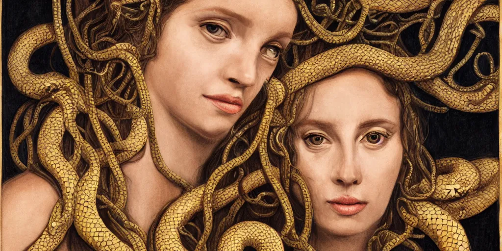 Image similar to realistic portrait of beautiful medusa with her snakes, golden, delicate, hyper realism, 1 4 5 0, ink, ultra realistic, 8 k