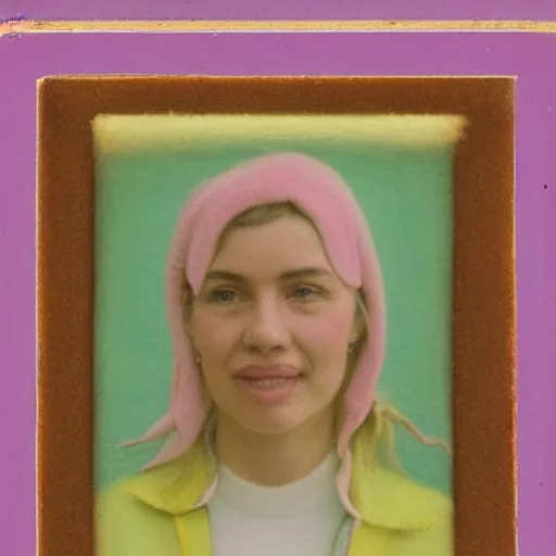 Image similar to a polaroid picture of a pastel painting of a woman wearing a track suit
