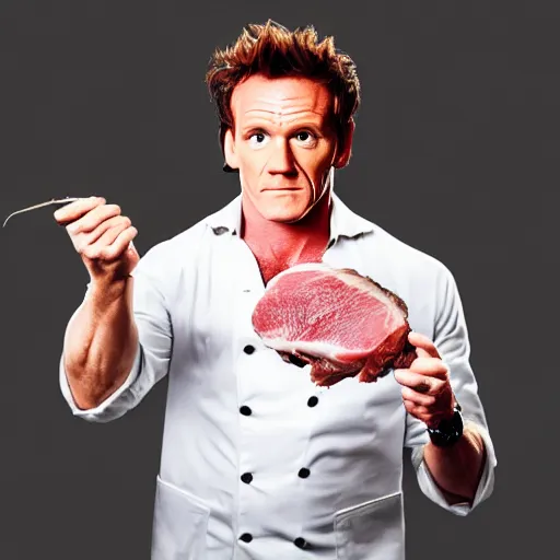 Image similar to photo of gordan ramsay holding a raw porkchop in his hand on set, highly detailed, extremely high quality, hd, 4 k, 8 k, professional photographer, 4 0 mp, lifelike, top - rated, award winning, cinematic, realistic, detailed lighting, detailed shadows, sharp, no blur, edited, corrected, trending