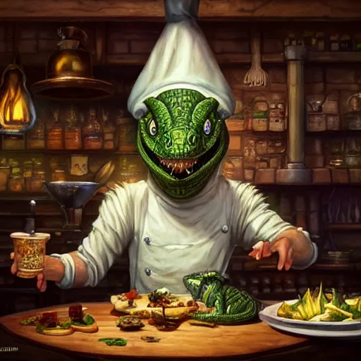 Prompt: a reptilian kobold chef in a tavern, wearing oversized chef hat, Full body shot, D&D, fantasy, intricate, highly detailed, digital painting, artstation, concept art, matte, sharp focus, illustration, hearthstone, art by Artgerm, Greg Rutkowski, Alphonse Mucha