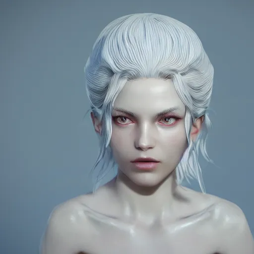 Image similar to 3 d render, hyper detailed, realistic female face and shoulders as a painted porcelain statue, white hair, fine facial features, white eyes and eyelashes, 8 k, 1 5 0 ml lens, elegant, white background, octane render, volumetric lighting, by carlos ortega elizalde and yomagick and ahmed emad eldin