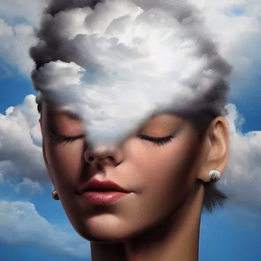 Image similar to a woman's head with clouds in the background, an airbrush painting by igor morski, behance contest winner, fantasy art, daz 3 d, behance hd, airbrush art