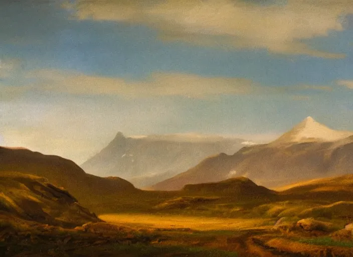 Image similar to vatnajokull national park, iceland in the style of hudson river school of art, oil on canvas