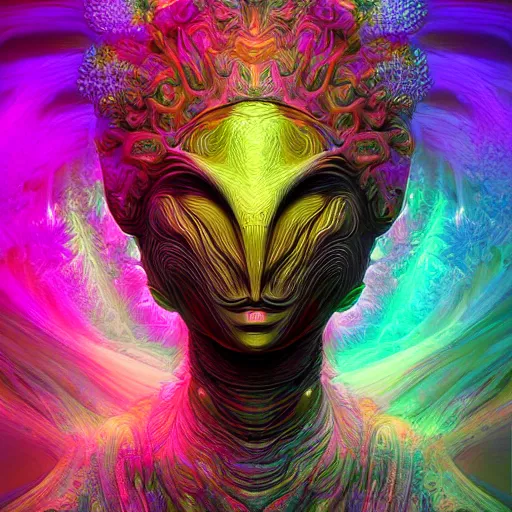 Image similar to Face of a Alien Deity, corals, plume made of fractals, extremly detailed digital painting, in the style of android jones, artwork of a futuristic artificial intelligence superstar, mystical colors, rim light, beautiful lighting, 8k, stunning scene, raytracing, octane, under water visual distortion, trending on artstation