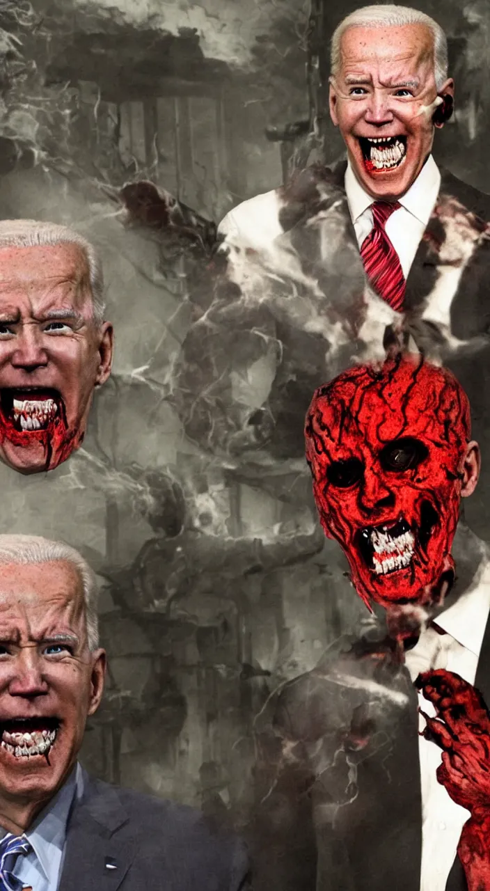 Image similar to hyper realistic terror photo Doom horror furious glowing red eyes biden