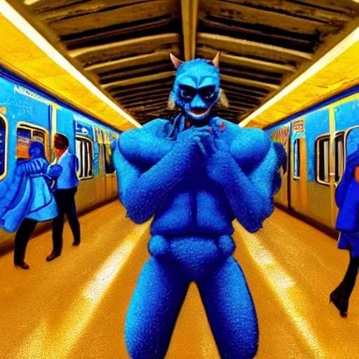 Image similar to post modern art depicting the tales of blue demon in the subway
