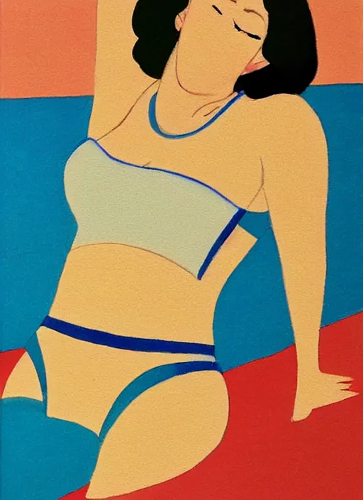 Prompt: a girl, in retro swimsuit, lying by the pool, 7 0 - s, minimalist oil painting by ryo takemasa, shinkai, makoto, kiuchi, tatsuro flat colors, beautiful lightning, sharp, poster