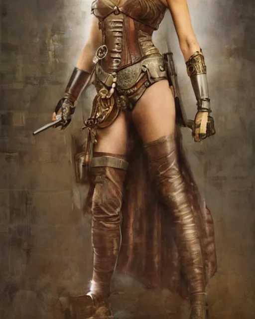 Image similar to highly detailed steampunk gal gadot standing, iron age : leonardo da vinci, greg rutkowski, magali villeneuve