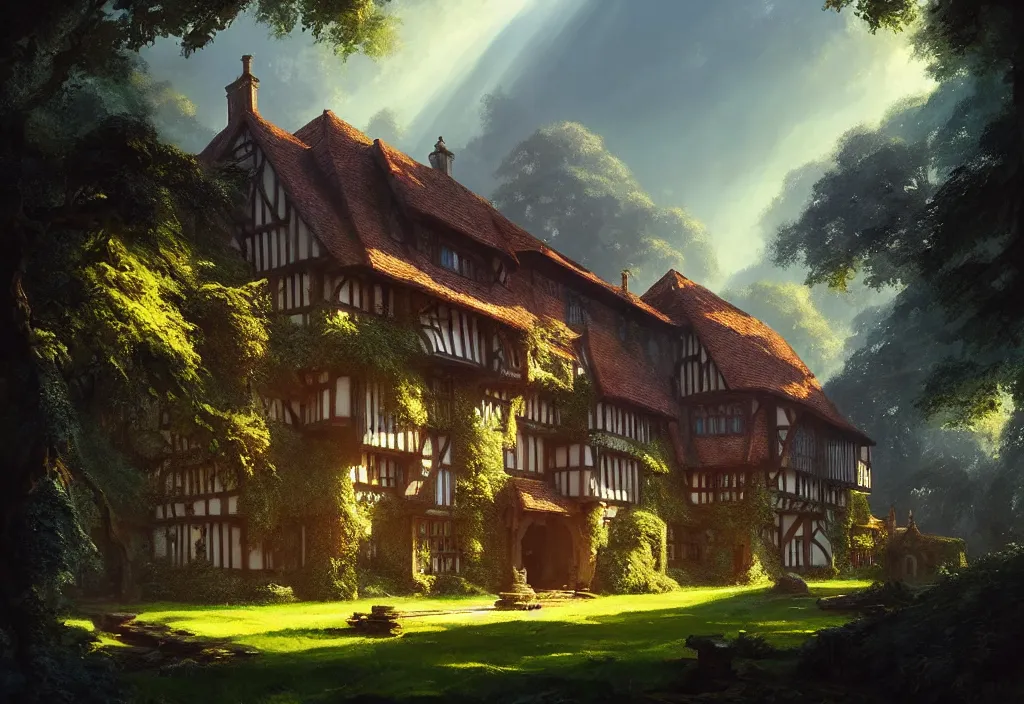 Prompt: a tudor manor house surrounded by jungle, clear blue sky, cinematic view, concept art, high detail, well lit, volumetric, godrays, vivid, trending on artstation, by jordan grimmer, art greg rutkowski