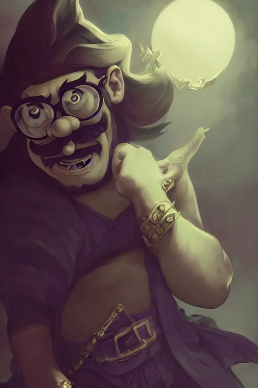 Prompt: portrait of Wario from WarioWare, dreamy and ethereal and dark, smiling expression, dark fantasy, chaotic, elegant, highly detailed, digital painting, artstation, concept art, smooth, sharp focus, illustration, art by artgerm and greg rutkowski and alphonse mucha