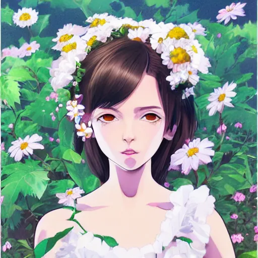 Image similar to little brunette girl with flowers in hair wearing an white dress. art by ilya kuvshinov, profile picture, inspired in hirohiko araki, highly detailed, 8 0 s anime art style, vogue cover