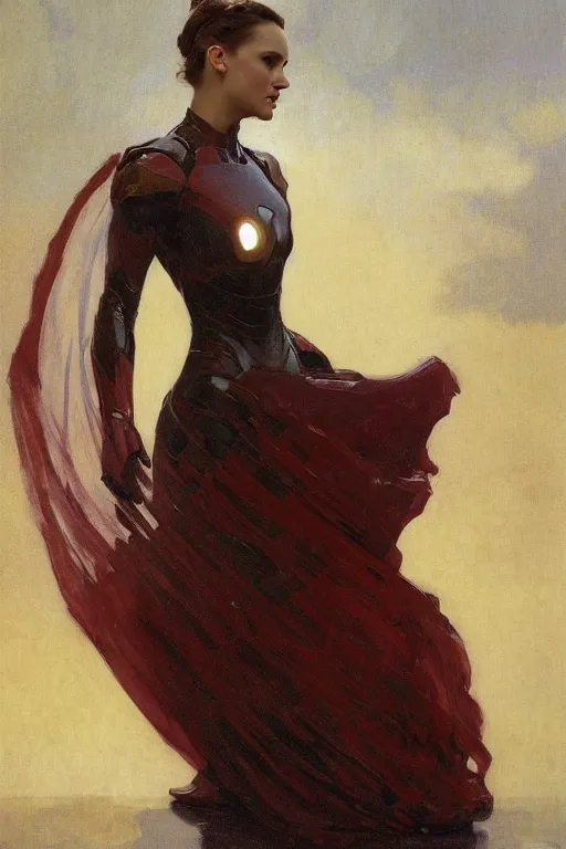 Prompt: elegant romantic portrait photo of natalie portman as iron man by greg manchess, mucha, william adolphe bouguereau, john singer sargent, sorolla, winslow homer, dean cornwell, james gurney, kilin eng, ilya repin, armor