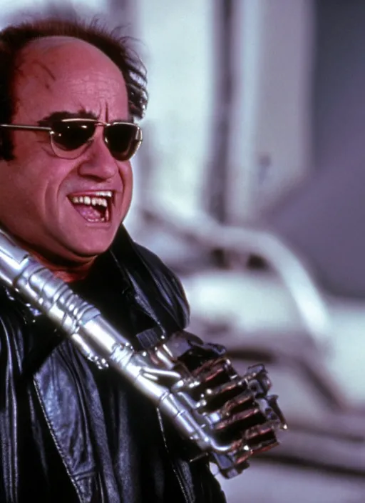 Image similar to film still of Danny DeVito as The Terminator in Terminator, 4k