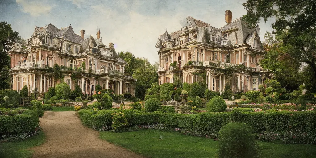 Image similar to a highly detailed photograph of a house from the 1880s surrounded by beautiful gardens, view from ground level, elegant, ornate, daytime, beautifully lit scene