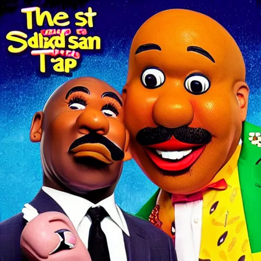 Prompt: the next best jamaican riddims dub trap phonk album cover with steve harvey and mr potato head