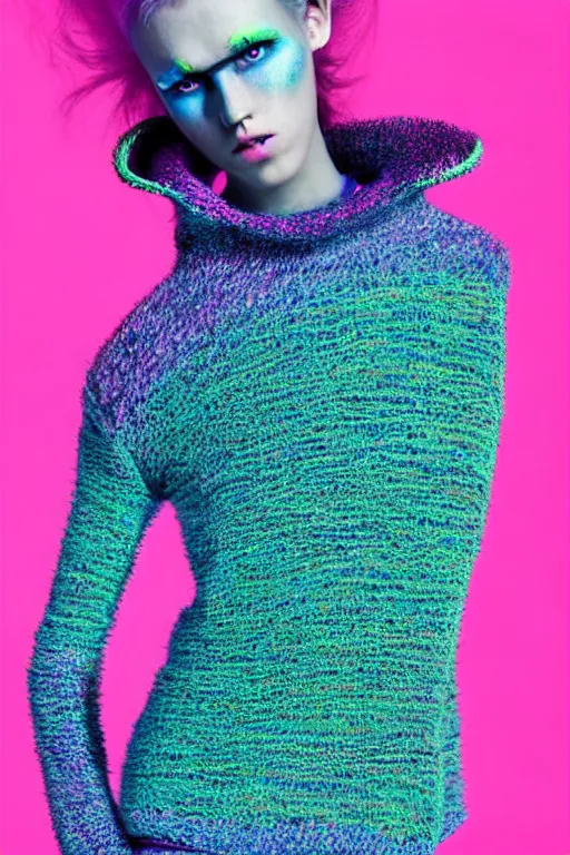 Image similar to stylish pullover for a rave bright colors, many details, photo for a magazine, photo for a store, fashion photography, Vogue, cinematic, hyper realism, high detail, 8k, very coherent symmetrical work, perfect face model, full length photo, Upper and lower body, white eyes, photographer style by Nik Night Erik Madigan Hec and Walter Chin and Camilla Akrans and Miles Aldridge