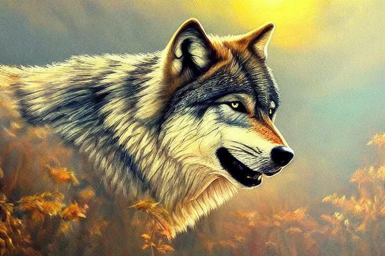 Image similar to wolf, fantasy, painting, ultra realistic!!!, clear weather, golden hour, sharp focus