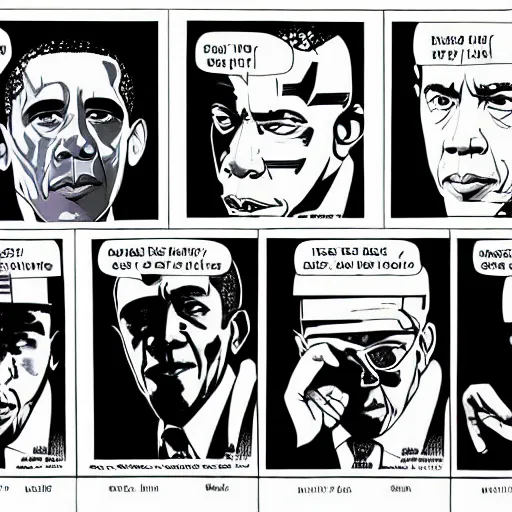 Prompt: president obama looking at the camera, symmetrical shot, drawn by dave gibbons