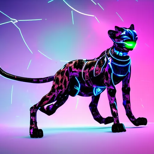 Prompt: a black cybernetic cheetah with neon blue and neon pink spots, octane render, trending on artstation, digital art, 4k, high detail, cinematic, cinematic lighting, high detail, realistic, fantasy,