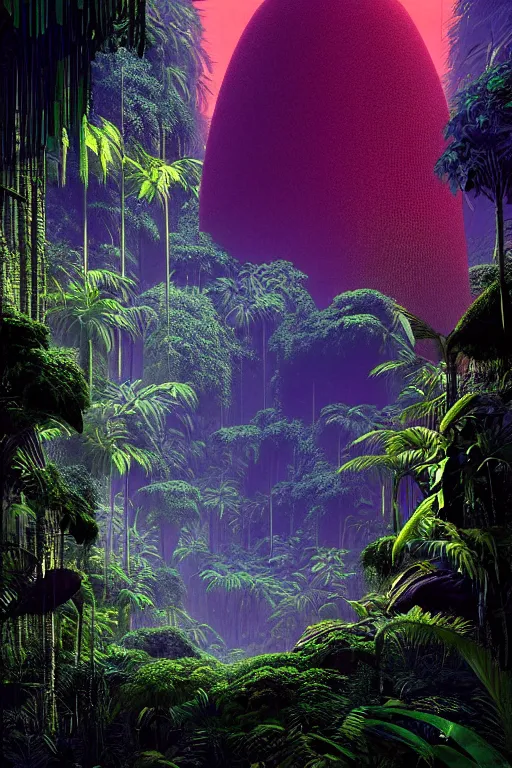 Prompt: a lush jungle arthur haas and bruce pennington and john schoenherr, cinematic matte painting in the style of glitch art, minimal modern pixel sorting, zaha hadid building, photo realism, neon lights, dark moody color palate,