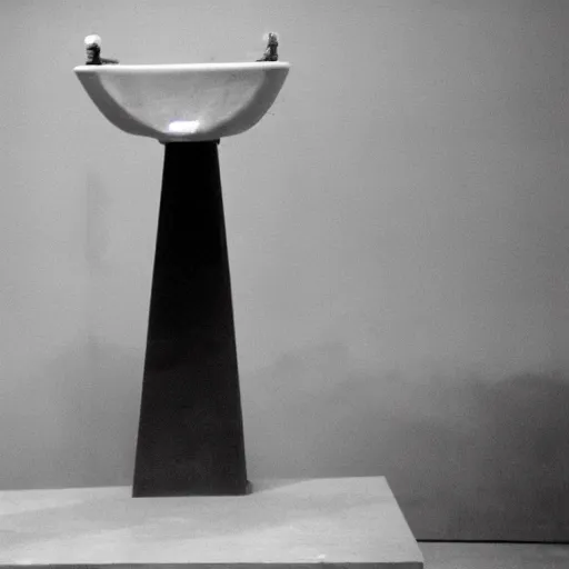 Image similar to Fontaine by Marcel Duchamp on a pedestal a a white cube museum, upside down readymade urinal, courtesy of Centre Pompidou, 35 mm film