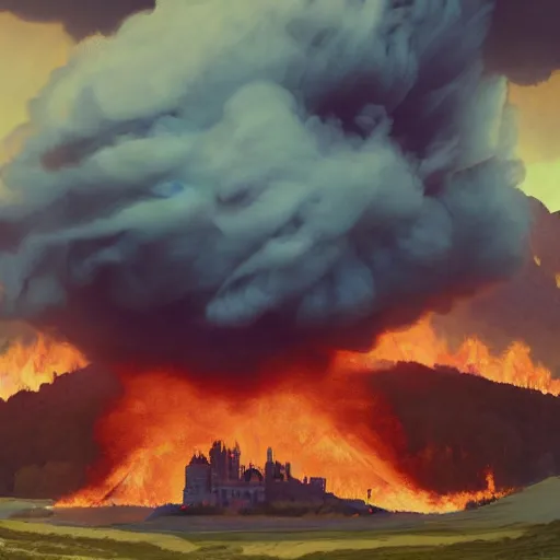 Image similar to a royal gigantic!! medieval castle on fire, on top of a hill, birds eye view from a distance, intense smoke, burning down, intense flames, center focus, landscape by simon stalenhag, rendered by beeple, by makoto shinkai, digital art