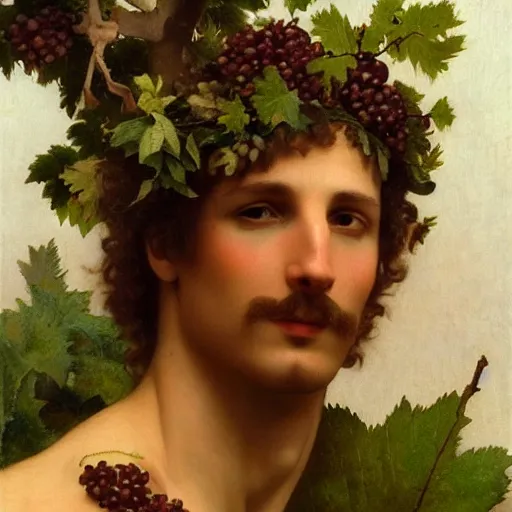 Prompt: photorealistic god dionysus with leaves and grape in his hair, bouguereau, tom finland