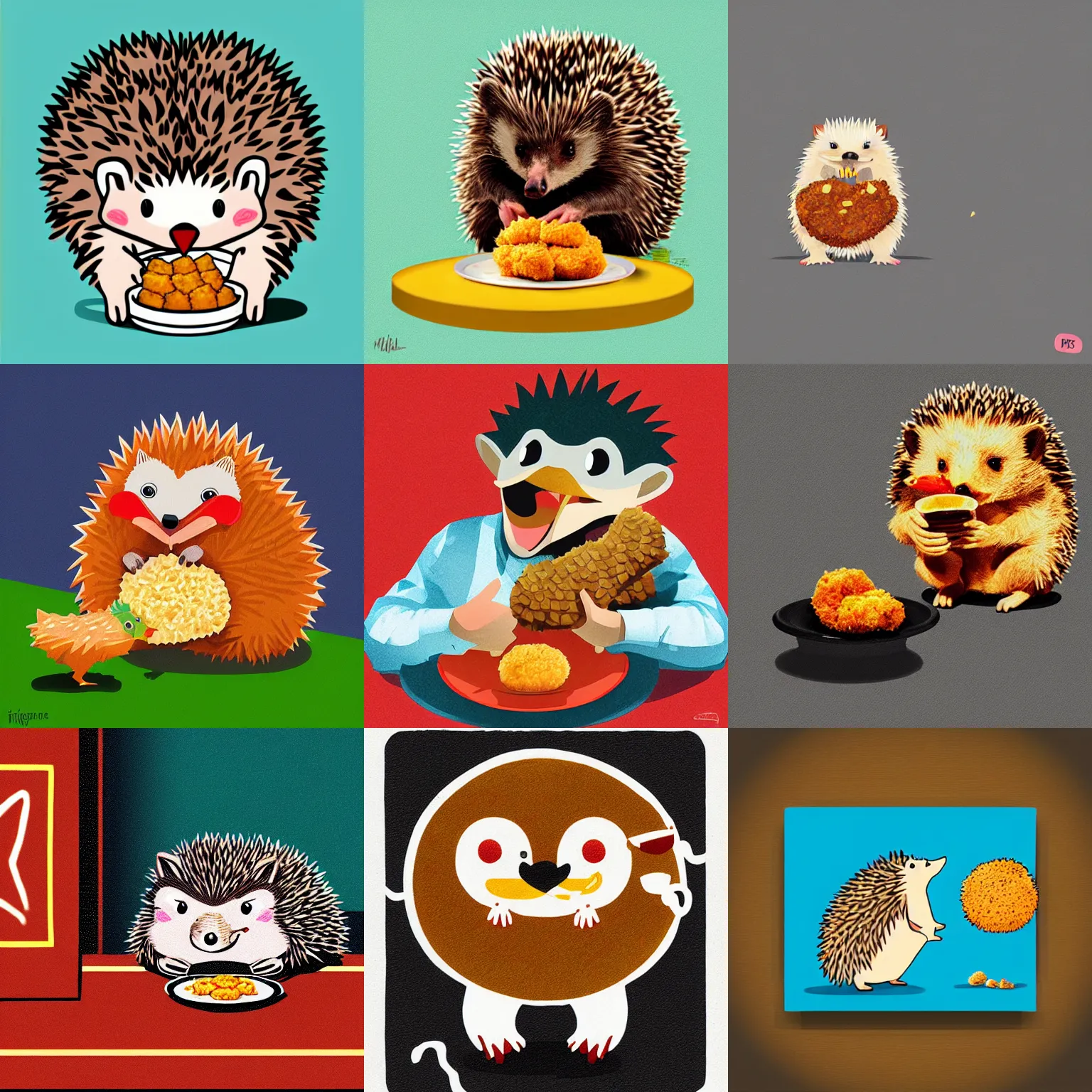 Prompt: a hedgehog eating chicken nuggets, detailed, realistic, in the style of petros afshar