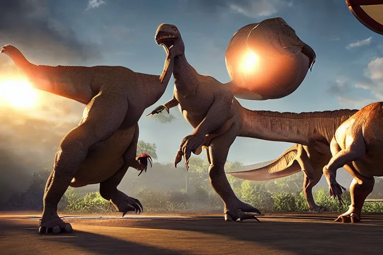 Prompt: hyper realistic dinosaurs playing basketball volumetric lighting