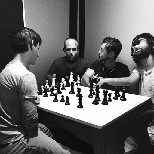 Image similar to “ a group of matty healys sit around a game of chess ”