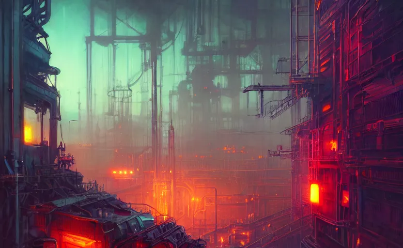 Prompt: Industrial complex, illustrated by Greg Rutkowski and Gaston Bussiere, 35mm lens, beautiful macro close-up imagery, vibrantly lush neon lighting, beautiful volumetric-lighting-style atmosphere, a futuristic atmosphere, intricate, detailed, photorealistic imagery, trending on artstation, 4k, 8k