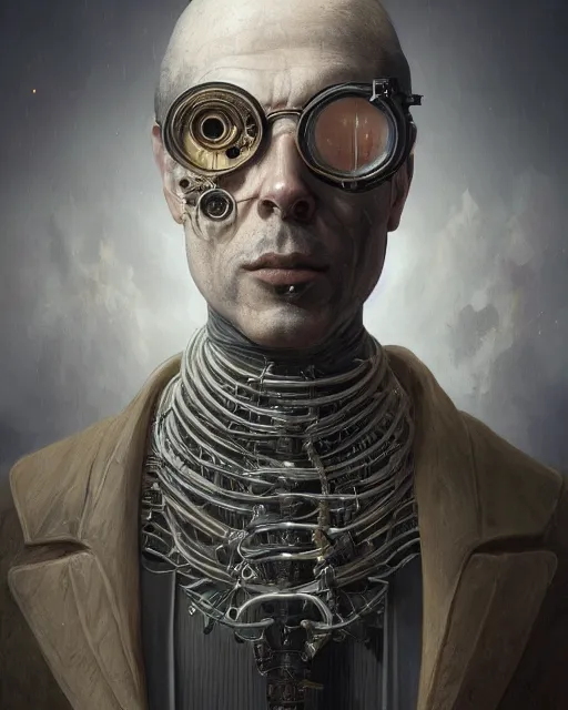 Image similar to mysterious portrait of victorian man scientist, steampunk, highly detailed, intricate details, cinematic lighting, 8k resolution, unreal engine 5, octane render, symmetry, hyperrealistic, photorealistic, by giger and beksinski