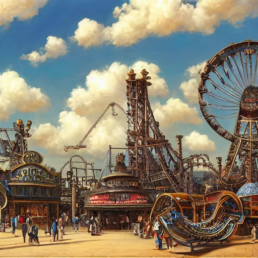 Prompt: a hyperrealistic painting of a steampunk amusement park, rollercoaster, towering ferris wheel, blue skies, fluffy clouds, by john kenn mortensen, highly detailed,