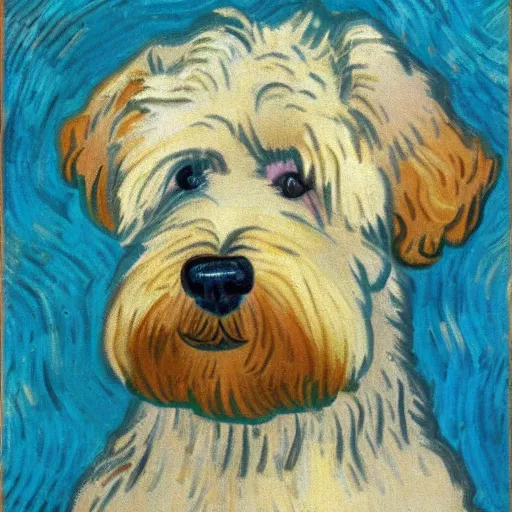Prompt: portrait of a wheaten terrier by van gogh