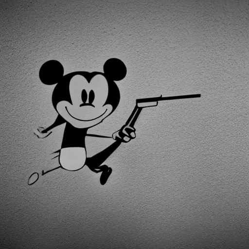 Image similar to shadow on the wall at a party of mikey mouse with a gun.