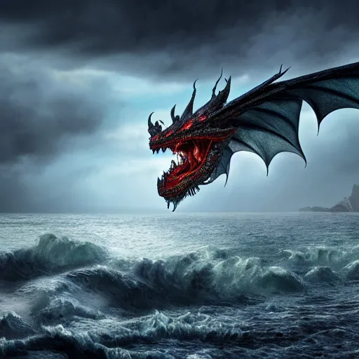 Image similar to a dragon with three heads emerging from the ocean during a storm, dramatic lighting, cinematic, high coherence, hyperrealistic, anatomically correct, path traced, highly detailed, high quality, 8 k hdr, octane render, unreal engine 5, trending on artstation, epic image, turbulent sea, concept art, digital art