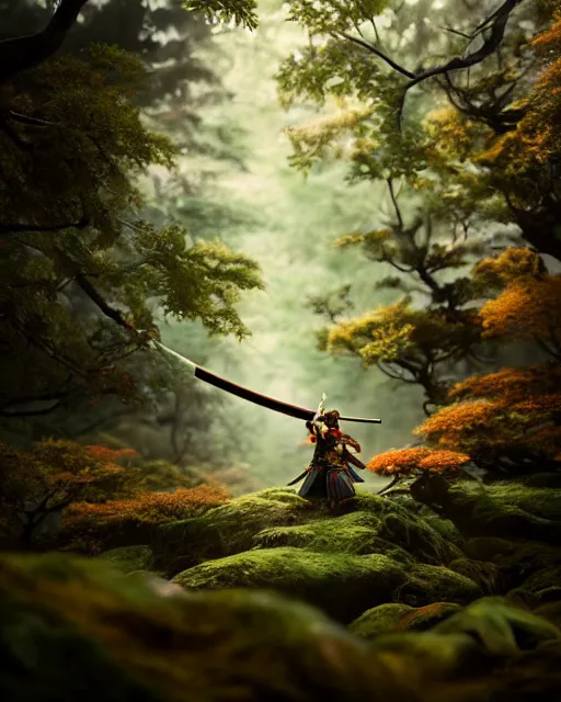 Image similar to samurai in enchanted forest, prismatic highlights, atmosphere, gorgeous, depth of field, cinematic, macro, concept art, 50mm, artstation, wlop, elegant, epic, weta digital, focus, octane render, v-ray, 8k, kodak portra, art by Asaf Hanuka