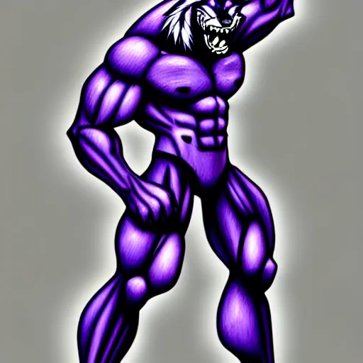 Image similar to anthropomorphic muscular purple wolf, generic furry style, wearing jeans, deviant art, professional furry drawing, insanely detailed, artistic design, hyper detailed wolf - like face, doing a pose from jojo's bizarre adventure, detailed veiny muscles, exaggerated features, beautiful shading, dramatic lighting, huge spikey teeth, grinning