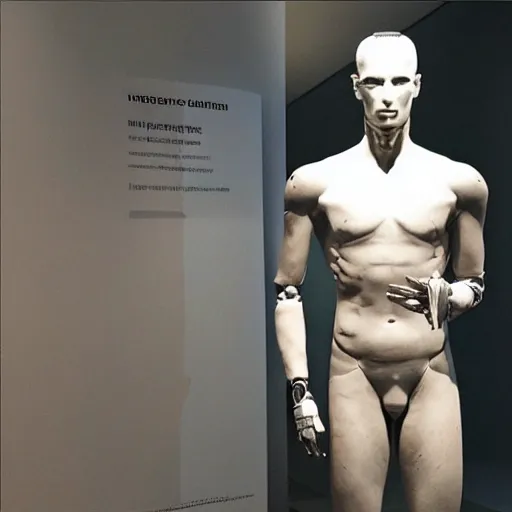 Image similar to “a realistic detailed photo of a guy who is an attractive humanoid who is half robot and half humanoid, who is a male android, Cristiano Ronaldo, shiny skin, posing like a statue, blank stare, at the museum, on display”