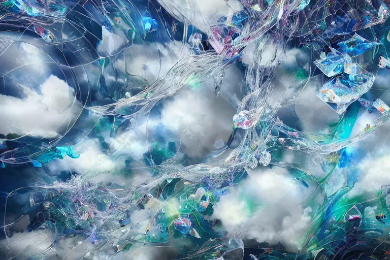 Image similar to simplicity, a huge flock of many ornate translucent puffy filigreed clouds tangled into large whirling ultra detailed clumps of crystal specimens, abstract environment, playful, award winning art, epic dreamlike fantasy landscape, ultra realistic,