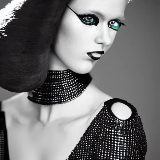 Prompt: close up of a female fashion model in year 3000 in art-deco entrance hall, model wearing a geometric edgy black dress, photography , vogue editorial , highly detailed