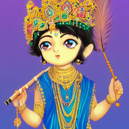 Prompt: little lord krishna, wearing a peacock feather on his crown, holding flute in one hand, structured hand, cute face, focus, full body, anime, chibi, illustration, concept art trending on artstation, devainart, clear face, cinematic lighting, atmospheric, magical effect, glowing effect, hd, hyperdetailed, hyperreal