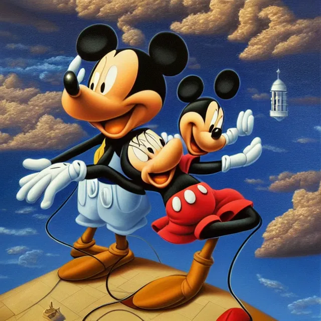 Image similar to an oil on canvas portrait painting of mickey mouse and trump, surrealism, surrealist, cosmic horror, rob gonsalves, high detail